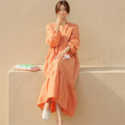 韓国夏ロングワンピース婦人服おしゃれゆったりラウンドネックスリムプリーツ長袖ワンピース