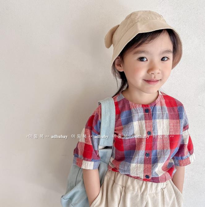 INS 韓国風子供服  ベビー服   Tシャツ   トップス　チェック柄 半袖 女の子 おしゃれ　子供服 2色