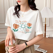 クリーム色半袖Tシャツ女性夏2023年新作ゆったり薄手上着ファッションブランドのTシャツ