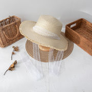 リボンレディース麦わら帽子フラットトップバリ編み帽子気質観光日焼け止めサンバイザー