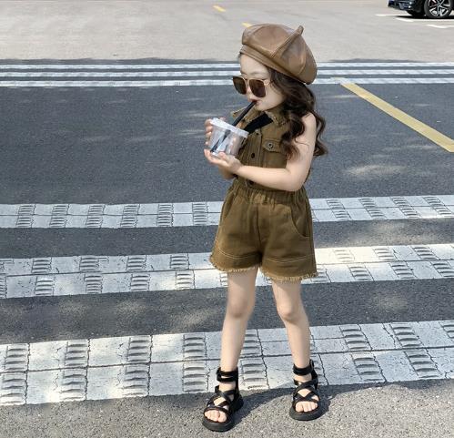 夏新作  人気   韓国風子供服  キッズ   ベビー服    トップス+ショートパンツ   セットアップ    デニム