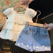 ins夏人気   韓国風子供服  キッズ  チョッキ+ ショートパンツ  ジーンズ ファッション セットアップ  2色