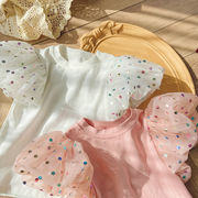 韓国子供服  半袖 Tシャツ  夏  カラー 波点 泡袖 ネット糸  赤ちゃんTシャツ  ラウンドネック トップス