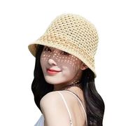 手作りフック編み帽子韓国キャペリン透かし通気夏薄いストライプの日除け草編みバケツ