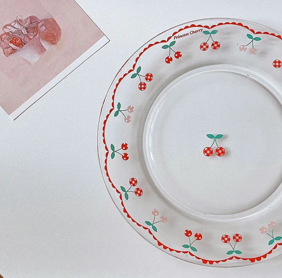 写真道具   撮影道具    ins   朝食皿    ケーキ皿   陶器   食器   平皿   チェリーガラス皿