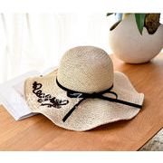 麦わら帽子女性夏韓国英語刺繍リボン大バケツ帽子サンバイザー日焼け止めビーチキャップ