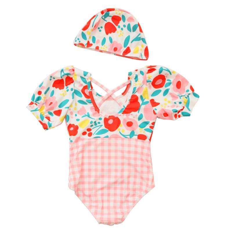 女の子の赤ちゃんワンピース水着かわいい2点セットキッズバブル袖