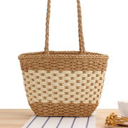 シンプルカラーのシンプルな草編みバッグ欧米風レトロ編みワンショルダーバッグおしゃれなスカーフ
