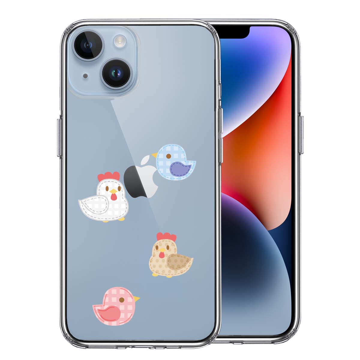 iPhone14 側面ソフト 背面ハード ハイブリッド クリア ケース とり 鳥 ひよこ 雛 アップリケ風 デザイン