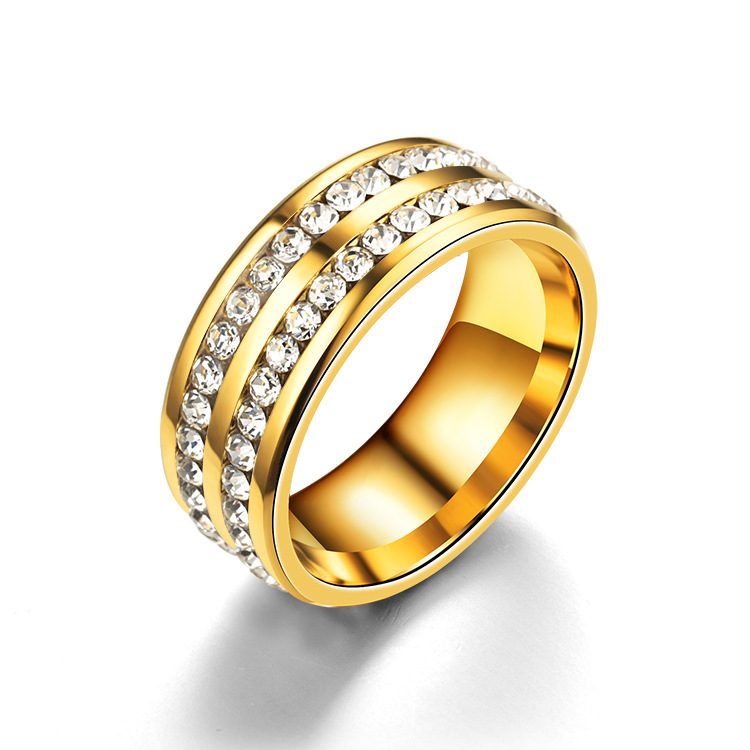 チタンスチール18Kゴールデンリング 二重列 ジルコニアム 指輪 女性 アクセサリー
