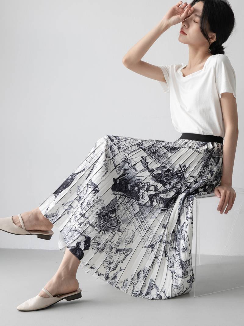 版水墨プリントプリーツスカート女性2023春夏デザイン感ニッチミディアムスカート