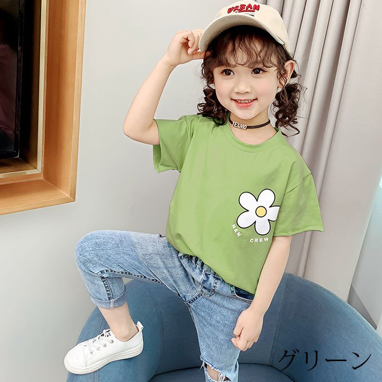子供服 Tシャツ キッズ 女の子 韓国子供服 綿 純色 半袖 丸い襟 花柄 プリント