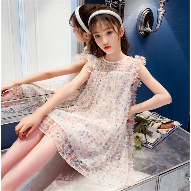 子供服 ワンピース 160 韓国子ども服 キッズ 女の子 夏 ノースリーブ チュール 水玉 子供ドレス