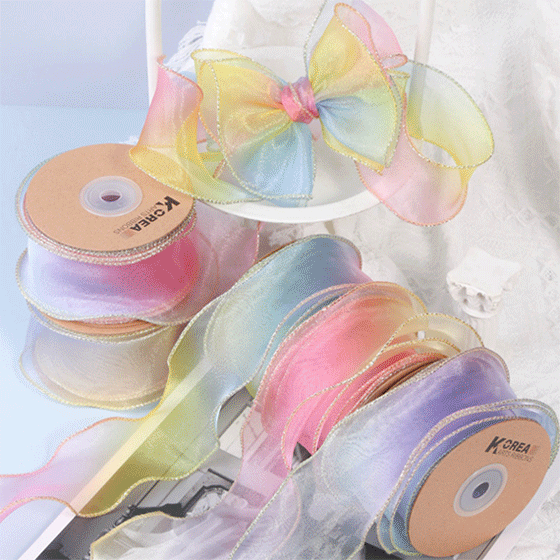 オーガンジー リボン グラデーション 虹色 リボンテープ ラッピング ギフト 花束 包装用リボン DIYパーツ