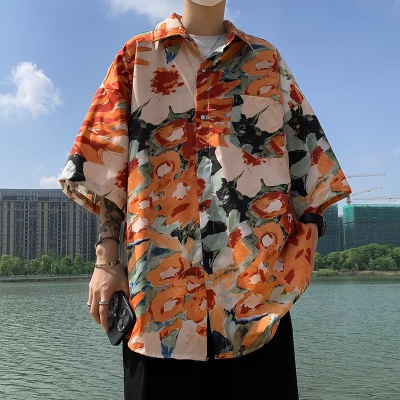 2023夏　メンズ服　ビーチ風　花柄　半袖シャツ　カジュアル　大きいサイズ　ストリート系