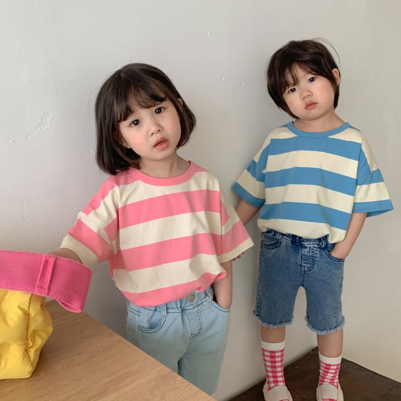 【2023夏新作】綿100％ 韓国子供服 キッズ 子ども服 tシャツ 半袖　ストライプ柄 男の子 女の子 80-130