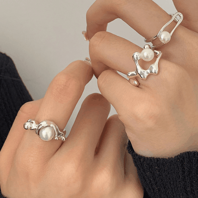 新品 韓国風アクセ chic 幾何学 アクリルパール リング 指輪 シンプル シルバー925