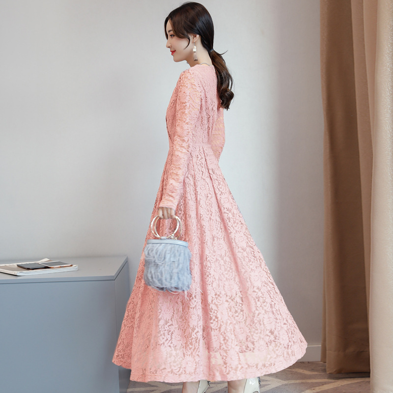 パーティドレス ワンピース バックレス Vネック ロング丈 上品 2 レース ワンピース 長袖 パーティードレス 結婚式 Vネック 体型
