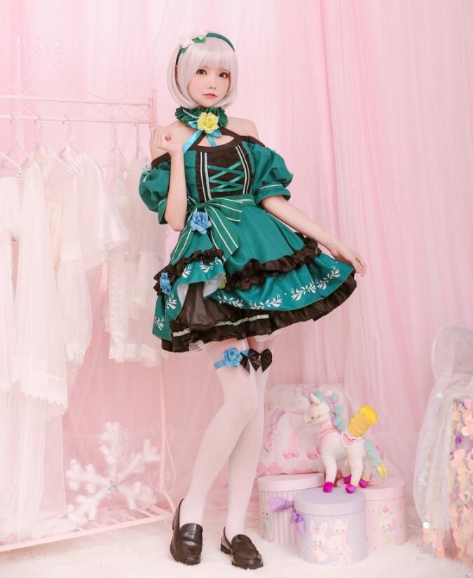 メイド服 緑系 コスプレ衣装 レディース cosplay 裾フリル カチューシャアムカバー ガーターリング 制服