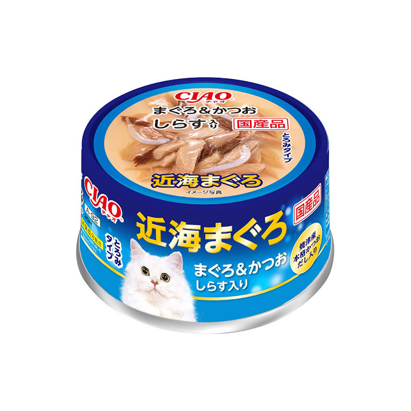 CIAOチャオ　いなばペットフード 猫缶　近海まぐろ、近海かつお いなばペットフード] CIAO 近海まぐろ かつお・しらす入り 80g | 卸売