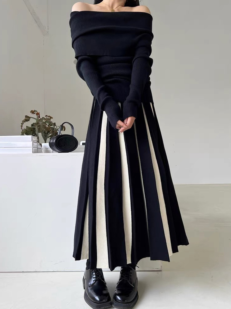 ニットスカート　ロングスカート　バイカラー　韓国ファッション　レディース　デザイン　秋冬