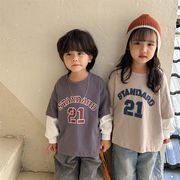 韓国子供服、秋新作、男の子、女の子、長袖Tシャツ、フェイクツーピース、ゆったりトップス