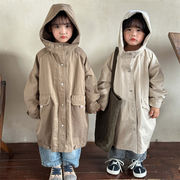 韓国風子供服、子供用ジャケット、男の子、女の子、ミドル丈フード付きウインドブレーカー