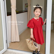 夏 子供服 赤いスカート 女の子 パフスリーブ バックレス ちょうネクタイ ドレス プリンセスドレス