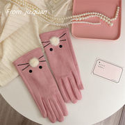 レディース手袋 　韓国ファッション　秋冬　スマホ対応　猫　ポンポン　かわいい