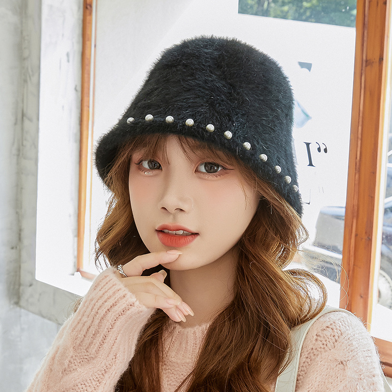 レディース帽子　秋冬帽子　ファーバケットハット　パール付き　かわいい　韓国ファッション　全6色