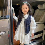 子供服の韓国版、子供と女の子の春服、韓国洋服、ベスト+白いドレス