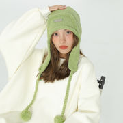 帽子　フライトキャップ　ニットキャップ　リボン付き　レディース　韓国ファッション　秋冬　4colors