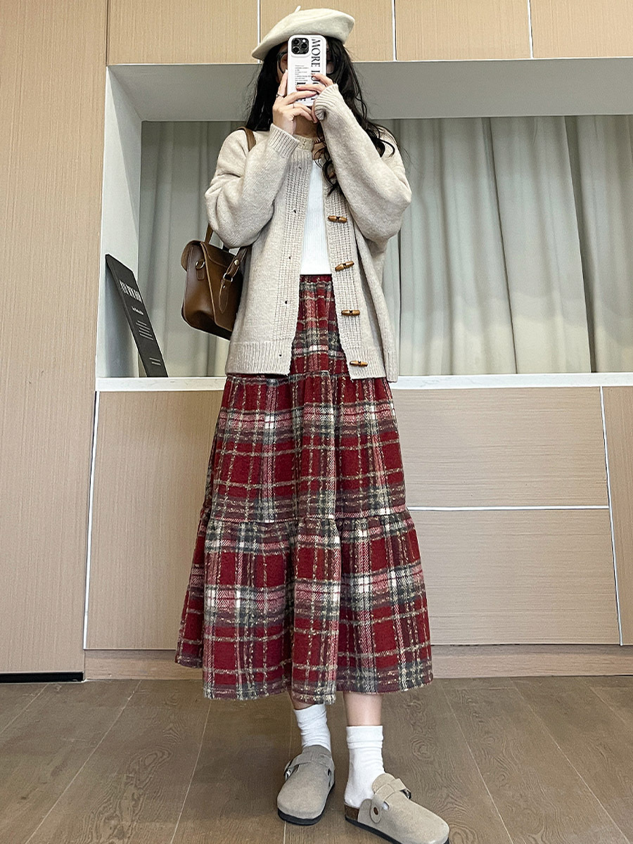ロングスカート　チェック柄スカート　秋冬　レディース　韓国ファッション　3colors