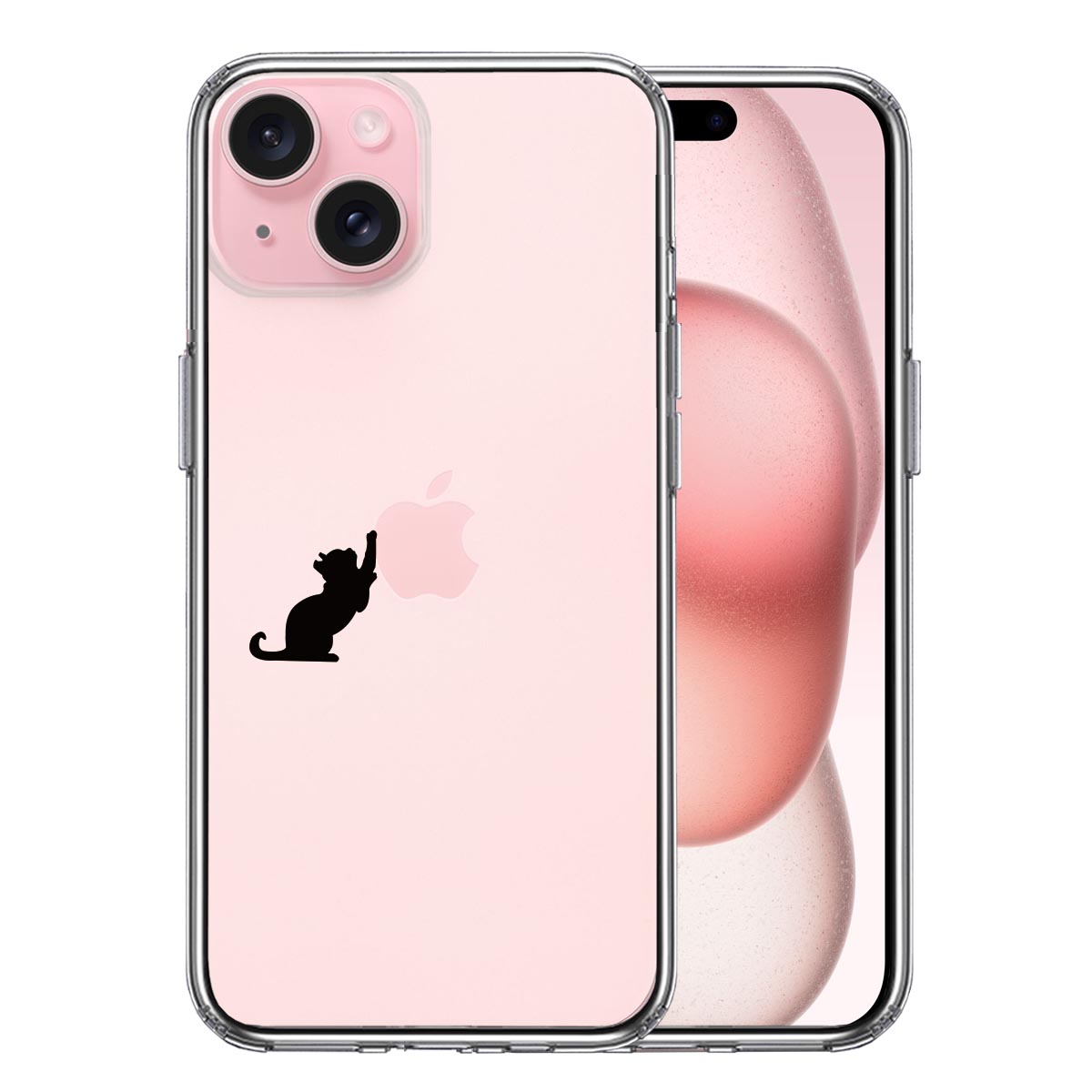 iPhone15 側面ソフト 背面ハード ハイブリッド クリア ケース 猫 リンゴ キャッチ