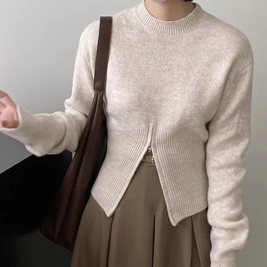 ニットセーター　デザイン　レディース　韓国ファッション　ショート丈　4色
