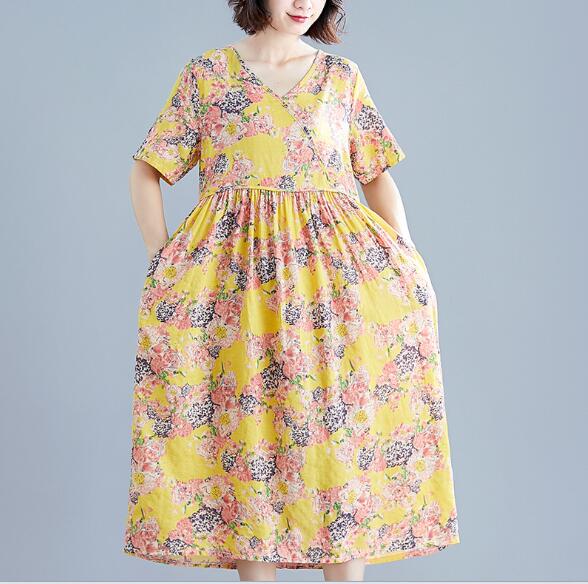 綿麻ワンピース 春夏 プリント婦人服 ミドル丈ドレス 大きいサイズ ママワンピース 花柄