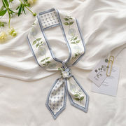 フレンチホワイト花スキニースカーフ　126*6.5cm　多用途　ヘアスカーフ　バッグスカーフ