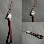 茶　革ひもストラップ　四神　玄武　水晶　14mm