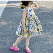 女の子 2024夏新作 キッズ服 INS  ファッション  袖なし  韓国子供服 ワンピース 花柄プリンセススカート