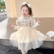 子供服 新作 長袖 レースチュール ワンピースお姫様ドレス   スカラップ 裾フリル  可愛い きれい 写真色