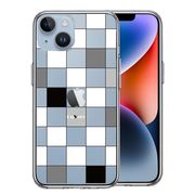 iPhone14 側面ソフト 背面ハード ハイブリッド クリア ケース ブロック チェック 白 黒