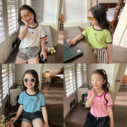 女の子、Tシャツ、韓国の子供服、カジュアル、半袖、無地のシャツ