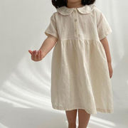 2024年夏のドレス、新しいスタイル、女の子、レトロ、小さな襟、綿の半袖ドレス