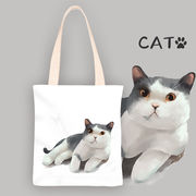 かわいい漫画の灰色と白猫の学生キャンバスバッグショルダートートバッグ大容量ショッピングバッグ