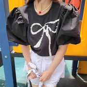 Tシャツ　リボン　レディーストップス　パール　パフスリーブ　春夏　韓国ファッション