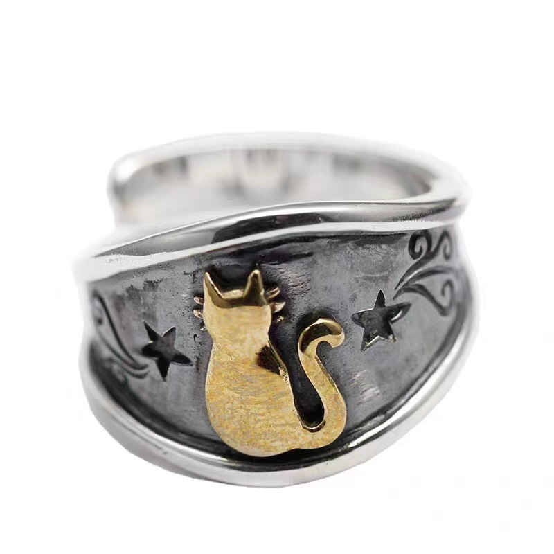 猫の指輪 男女兼用 太いリング レトロ 猫リング かわいい ねこ 猫のアクセサリー  猫の雑貨 オープンリング