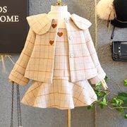 韓国子供服 秋冬 女の子 フォーマル 2点セット 刺繍 スーツ ワンピース コート チェック柄 純色
