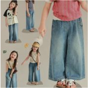 子供の服　　パンツ　　ルーズフィット　複数のポケット　伸縮性ウエスト　ジーンズ　ワイドレッグパンツ