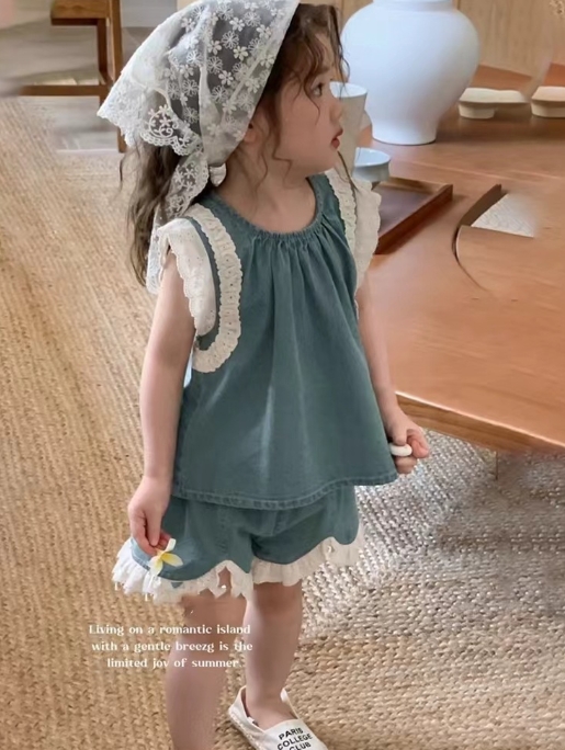 2024春新品 子供服 韓国風子供服 キッズ服 ベビー服 ジーパン 半袖+ショートパンツ2点セット ins