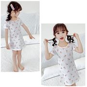 韓国子供服 パジャマ ワンピース 女の子 ルームウェア 部屋着 綿 丸首 半袖 ストライプ柄 プリント